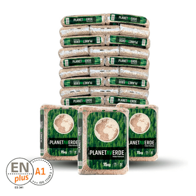 Palet de pellets PLANETA VERDE DIN ENplus A1 en sacos de 15 kg para calefacción